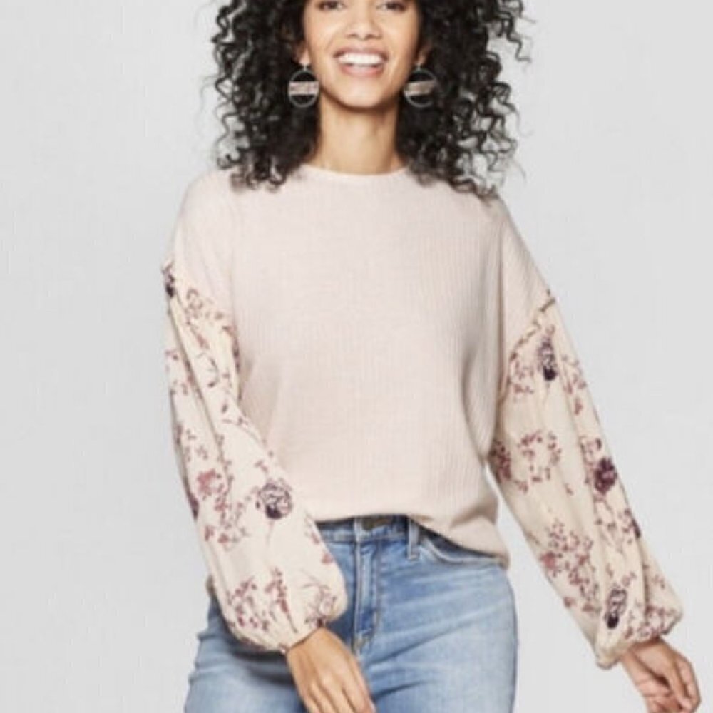 Knox Rose Womens Sz Medium Thermal Top Long Sleeve Light Pink Contrasting Floral